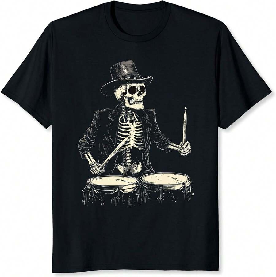 Tricou de toboșari cu craniu, toate potrivirile, la modă, tricou vintage cu trupă, tricou rock, iubitor de muzică, cadou pentru bărbați - Negru - Vizualizare 1