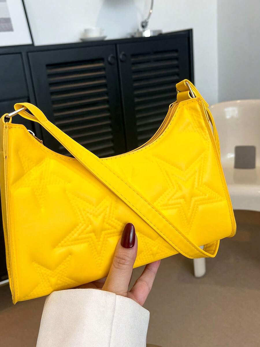 Solid Color Embossed Geometric Shoulder Bag - Yellow - View 1