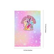 Miniso 1pc Cute My Little Pony 3D Pop-Up Greeting Card, Foldable Anime Card For Birthday Party Gift With Rainbow & Cake For Party - B - View 2