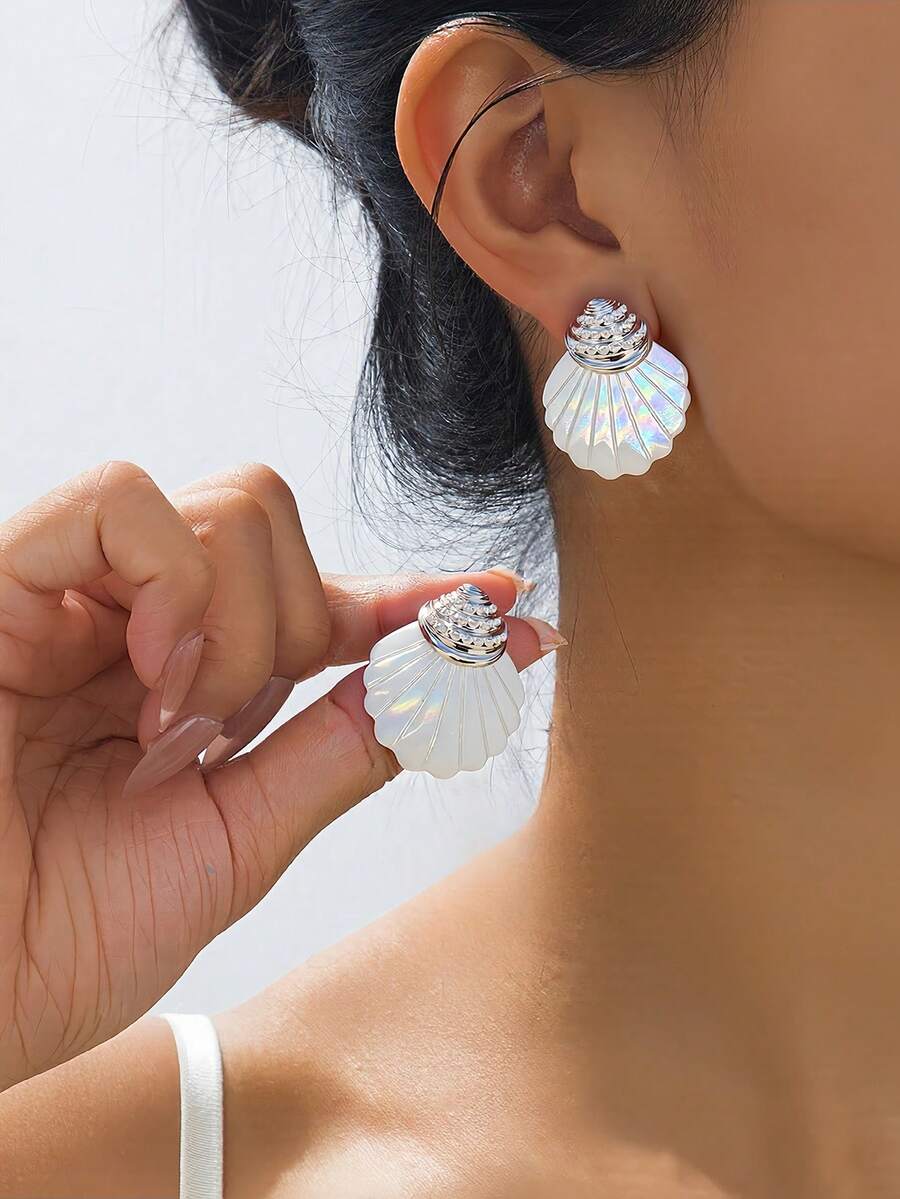 Rainbow Shell Pearl Earrings, Mermaid Shell Earrings, Hypoallergenic Colorful White Shell Dangle Earrings, Ocean Themed Jewelry - Colorful Shell Earrings - View 1