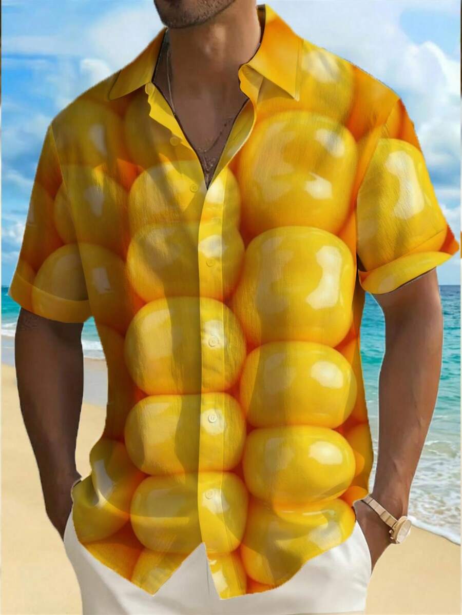 Golden Corn Kernel 3D Print Symbolizing Harvest Joy And Sunny Vitality Mens Hawaiian Shirt For Summer Beach Casual Style Fashion Gift - trắng - Xem 1
