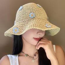 1-Piece Travel Aesthetic Movie-Style Floral Fisherman Hat, Women's Foldable Straw Hat, Suitable For Beach Vacations, Summer Hollow-Out Sun Protection Hat, Outdoor Photo Prop, Portable Sun Hat - Light Brown - View 6
