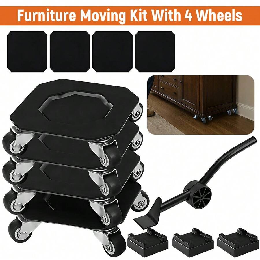 1 Set Up To 900KG Furniture Moving Tool Kit With 4 Swivel Wheel Movers & Pry Bar, Low Profile Dolly, Large Load Sturdy Steel Frame, Easy Moving For Home, Office, Hotel & Commercial Use - Black - View 1