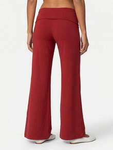Women's Spring Summer Baggy Pants Foldover Waist Solid Color Loose Wide Leg Pants - Red - View 7