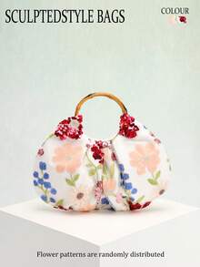 SCULPTEDSTYLE BAGS 1pc Colorful PVC Sequin Flower Ruffle Cloud Shaped Bag, Fashionable Linen Bottom Mesh Embroidery Fan-Shaped Vintage Bamboo Handle Tote Bag, Summer Casual Vacation Style Fashion Ladies Handbag (Flower Pattern Randomly Sent) - Multicolor - View 10