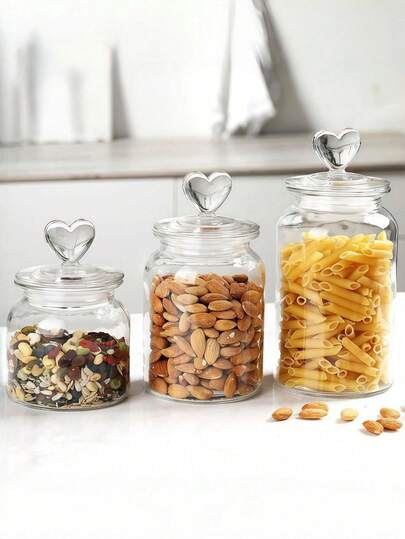 Heart-Shaped Glass Storage Jar With Airtight Lid, Transparent Glass Candy Food Container With Soft Cork Round Cover, Suitable For Spices, Salt, Sugar, Coffee, Tea