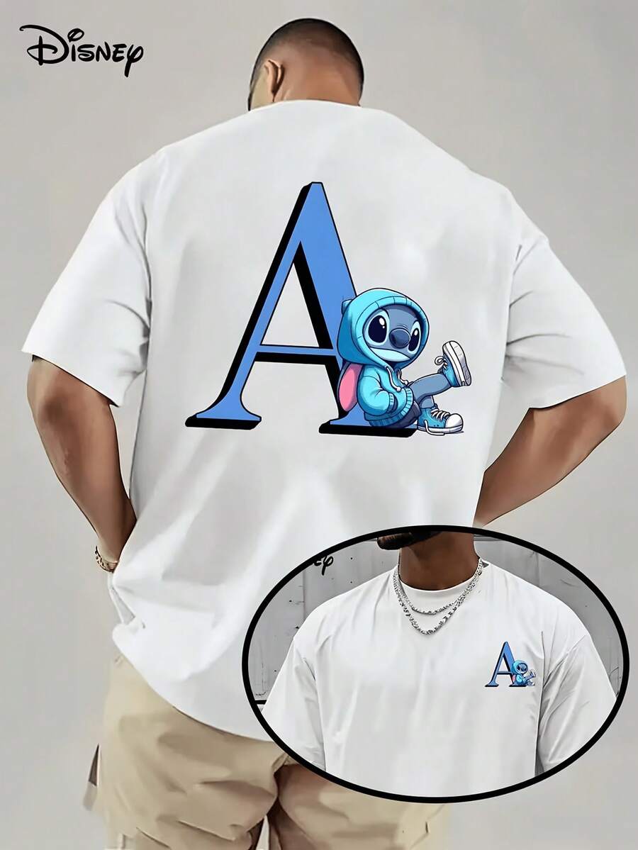 (Disney Licensed)Disney Lilo & Stitch Stitch In Hoodie With Custom Letter "A" Initial Front And Back Print Men's Oversized Crew Neck Short Sleeve Graphic T-Shirt, Personalized Streetwear Casual Tee For Men Summer Daily Wear, Disney Officially Authorized Men's Short-Sleeved T-Shirts, Mens Clothes, Men, Ropa De Hombre, Summer Clothes, Men Shirts, Graphic Tees, Disney Outfits Men, Graphic Tees, Camisetas Para Hombre, Camisas Para Hombre, Summer Outfits For Men, Father's Day Gift, Perfect Gift For Family And Friends, Which Are Necessary For Birthday Parties, Disney Shirts, Mens Clothes, Summer Clothes, Officially Licensed Disney T-Shirts, Disney Men's And Women's Spring/Summer Fashion Casual Short-Sleeve T-Shirts - 白色 - 查看 1