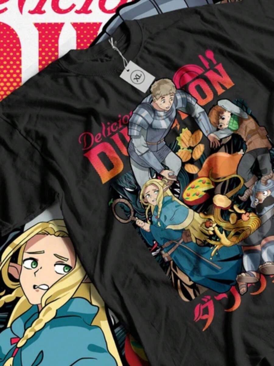 Laios Touden Dungeon Meshi T-Shirt Delicious Anime Vintage Special Gift Shirt (2) - 黑色 - 查看 1