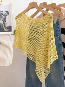 Women's Casual Sexy Solid Color Hollow-Out Cropped Top, Bat Wing Asymmetric Hem Poncho Style Cover Up, Summer Beach Vacation Outerwear Yellow - Yellow - View 8