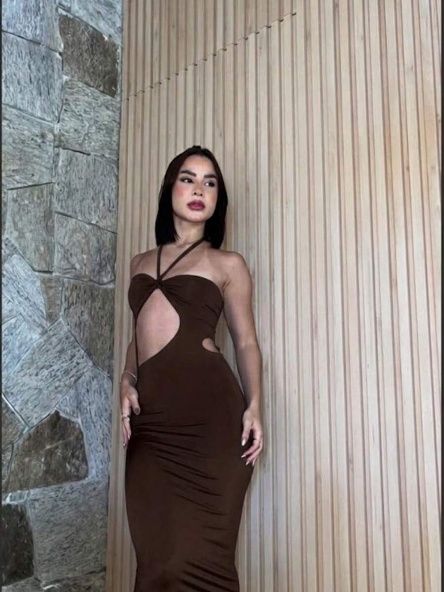 Women's Long Dress Thayna: Elegance, Boldness, Cut-Out, Stylish, Comfortable, 2026, Graduation/Wedding - 鏽棕色 - 查看 1