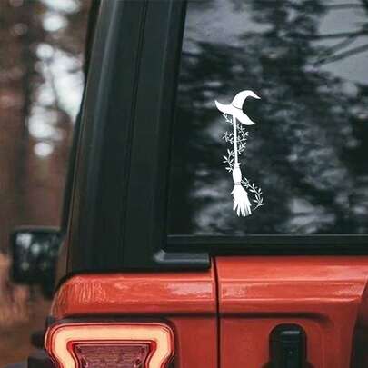 女巫扫帚汽车贴纸，精致汽车装饰，自粘乙烯基贴纸，防水保险杠贴纸，适用于车辆、笔记本电脑、墙面亮光漆 - 万圣节装饰贴纸