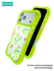 Koolife 1pc Green Frame Floral Print 3-In-1 Anti-Drop Phone Case, TPU+PC Shockproof Cover, 3-Layer Reinforced Protection, Fresh Flower Pattern For Daily Use, Compatible With Apple17/17pro/17promax - Green - View 6