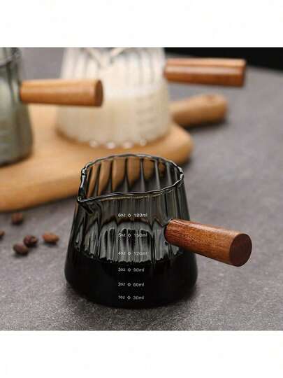 1pc 6oz Reusable Glass Coffee Cup With Wooden Handle, Multipurpose For Coffee, Tea And Liquid Measurement, Suitable As Gift For Family And Friends