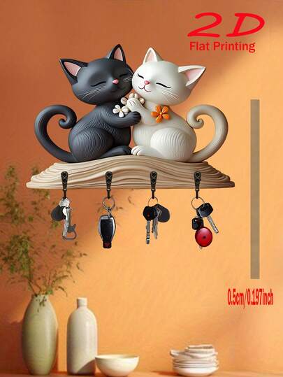 2D扁平情侣猫主题钥匙挂钩，乡村风格墙面钥匙收纳架，配有4个金属环，适用于走廊和入口处，木质多功能钥匙架，墙面装饰，房间装饰，四季皆宜的家居装饰，经典钥匙收纳装饰