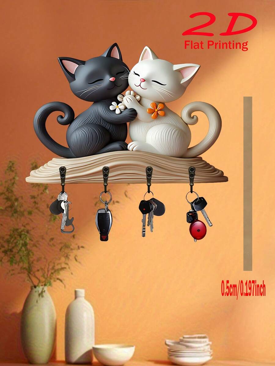 2D Flat Couple Cat Theme Key Hook, Rustic Style Wall And Key Organizer With 4 Metal Rings, Suitable For Hallway And Entrance, Wooden Multifunctional Key Rack, Wall Decor, Room Decor, All-Season Home Decor, Classic Key Storage Decoration - C - View 1