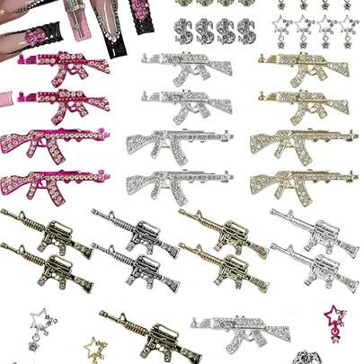 44件美甲饰品，美甲贴片，合金枪形美元符号星形水钻美甲饰品，复古朋克金属美甲用品，音乐节、旅行、节日庆典，闪亮水钻美甲宝石，适合多功能DIY美甲装饰