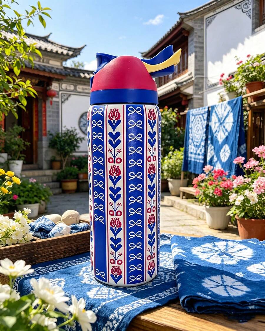 OW Blue Pattern Stencil Stainless Steel Cup, With A Capacity Of 32Oz, Can Retain Heat For Up To 24H. It Can Keep Both Hot And Cold Beverages Warm, Suitable For Brewing Coffee. The Design Is Exquisite And It Is Suitable For Use In Various Occasions. - Màu xanh hải quân - Xem 1