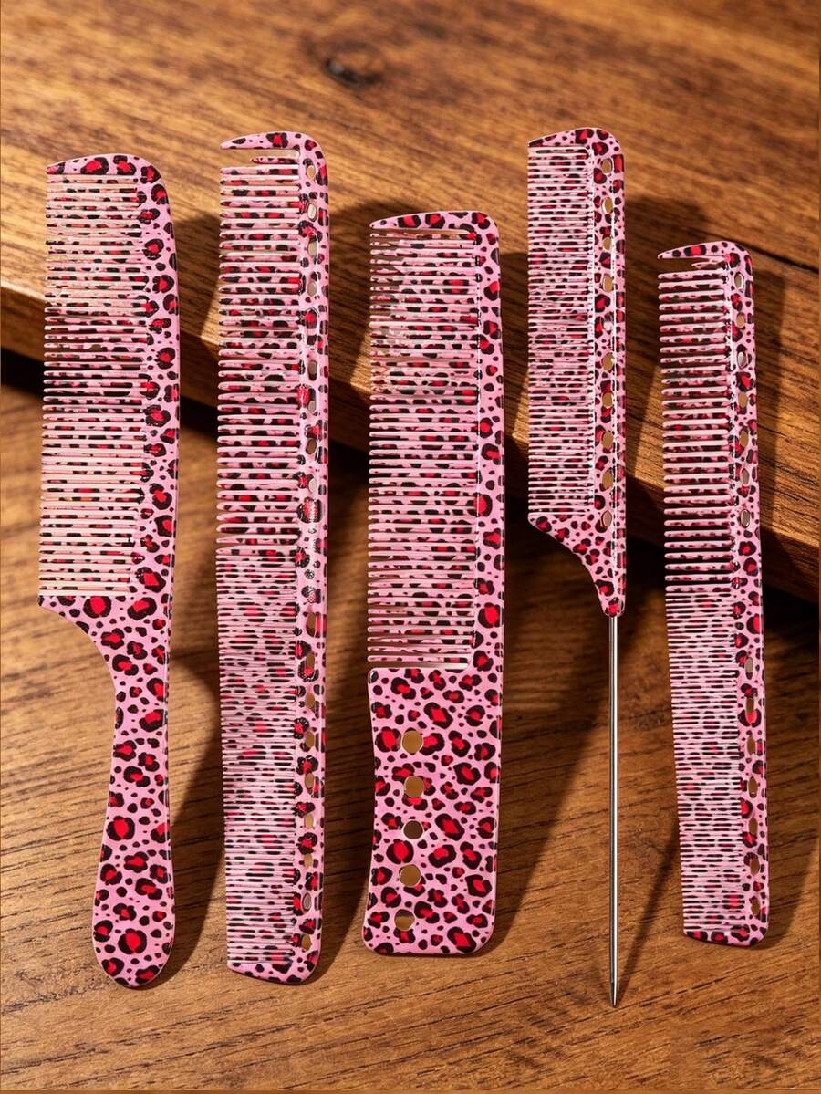 5/3/1 Pc Pink Leopard Print Hair Comb Set, Professional Salon Hairdressing Comb, Barber Cutting Comb, Flat Top Comb, Unisex Parting & Styling Comb - Multicolor - View 1
