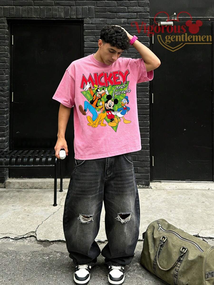 "Mickey And Friends Retro Group Shot" Vintage Disney T-Shirt - Rose Red - View 1