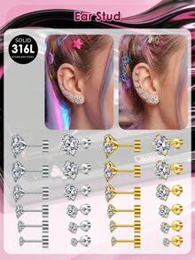 316L Stainless Steel Cubic Zirconia Earrings Studs,Gold/Silver Flat Back Studs For Cartilage, Screw Back Fashion Jewelry Top Cubic Zirconia 3mm-8mm - White Zirconium - View 2