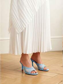 Sandal Wanita Model Baru Musim Panas Kasual Patchwork Warna Solid Jala Elegan Model Mule Ujung Terbuka Hak Tinggi Warna Biru - Biru - View 5