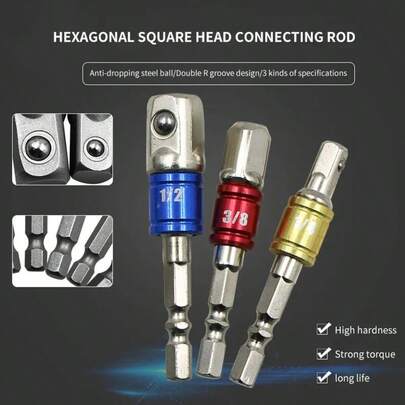 Conjunto de 3 adaptadores para soquetes de impacto, brocas quadradas com encaixe hexagonal, ferramenta de conversão de chave, para furadeira elétrica e parafusadeira de impacto sem fio, encaixe hexagonal estendido para soquetes de 1/4", 3/8" e 1/2".