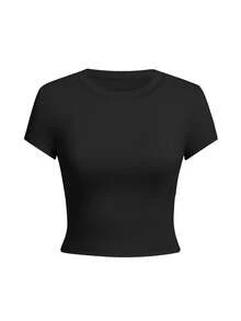 Women's Round Neck Short Sleeve T-Shirt, New Summer Fashion Solid Color Casual Fitted Cropped Top - Black - View 3