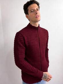 Men's Zippered Knit Jacket, Striped Sweater, Autumn/Winter, Regular Fit, Zipper, Daily Wear, For Going Out - 紅木色 - 查看 2
