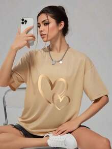 Women's T-Shirt Style With Gradient Heart Print - 杏 - 查看 1