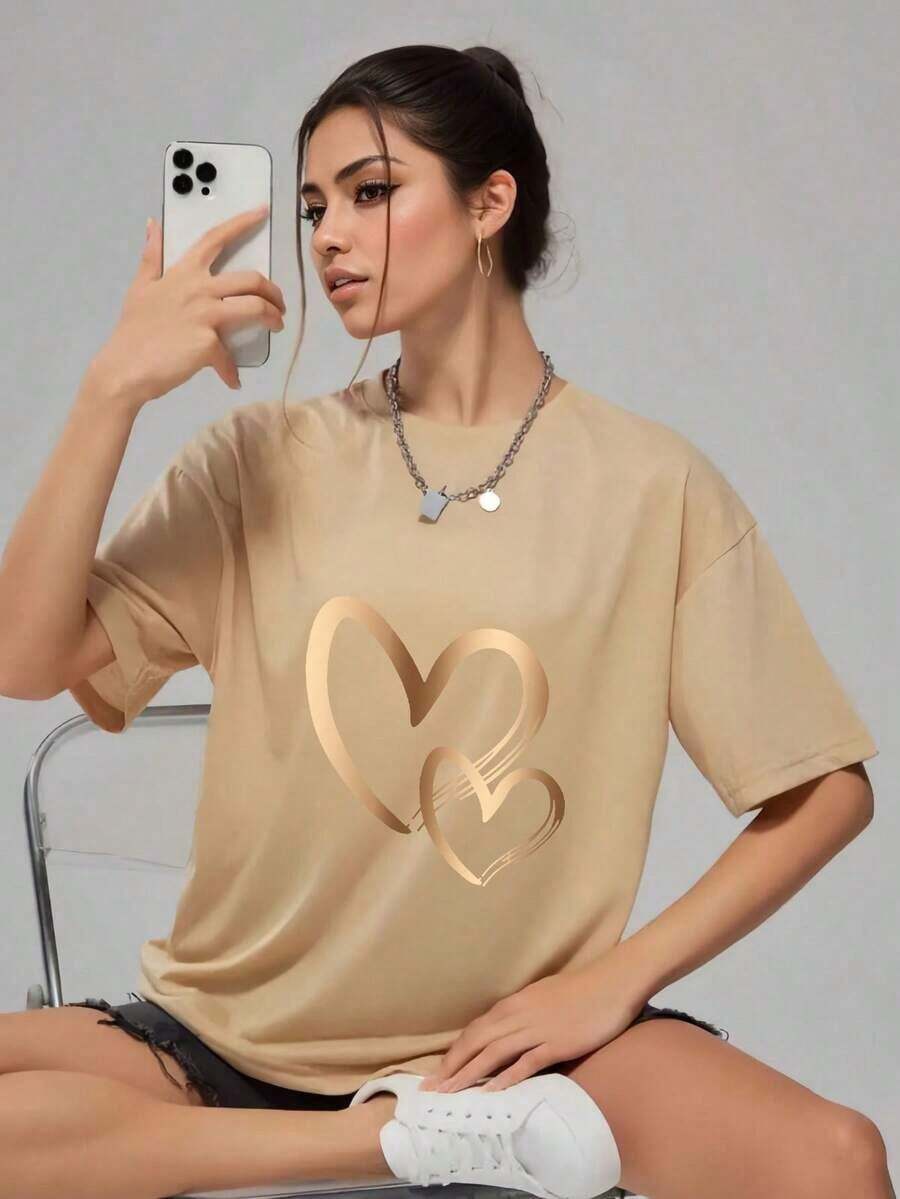 Women's T-Shirt Style With Gradient Heart Print - 杏 - 查看 1