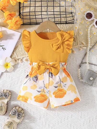 Young Girl's Round Neck Ruffle Sleeve Bow Blouse And Floral Print Shorts Set, Casual Summer Outfit