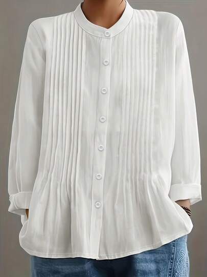 Plus Size Women's White Pleated Collar Blouse, Loose Fit Slimming Long Sleeve Top, Versatile For Work, Casual And Daily Wear Spring