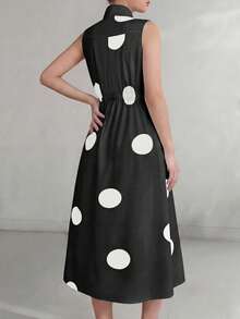 2025 Spring/Autumn New Casual Chic Commuter Minimalist Polka Dot V-Neck Long Flared Button Dress For Women, Autumn, Autumn Wear, Women's Autumn Dress, Women's Autumn Outfit, Autumn Clothing, Business Casual Women's Wear, Business Casual, Retro Women's Wear, Retro Clothing, Business Casual Women's Wear, Women's Office Outfit, Women's Work Attire Elegant Summer - Black and White - View 7