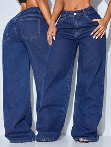 Low Waist Wide Leg Casual Blue Slant Pocket Curved Women Jeans Spring Fall - Royal Blue - View 1