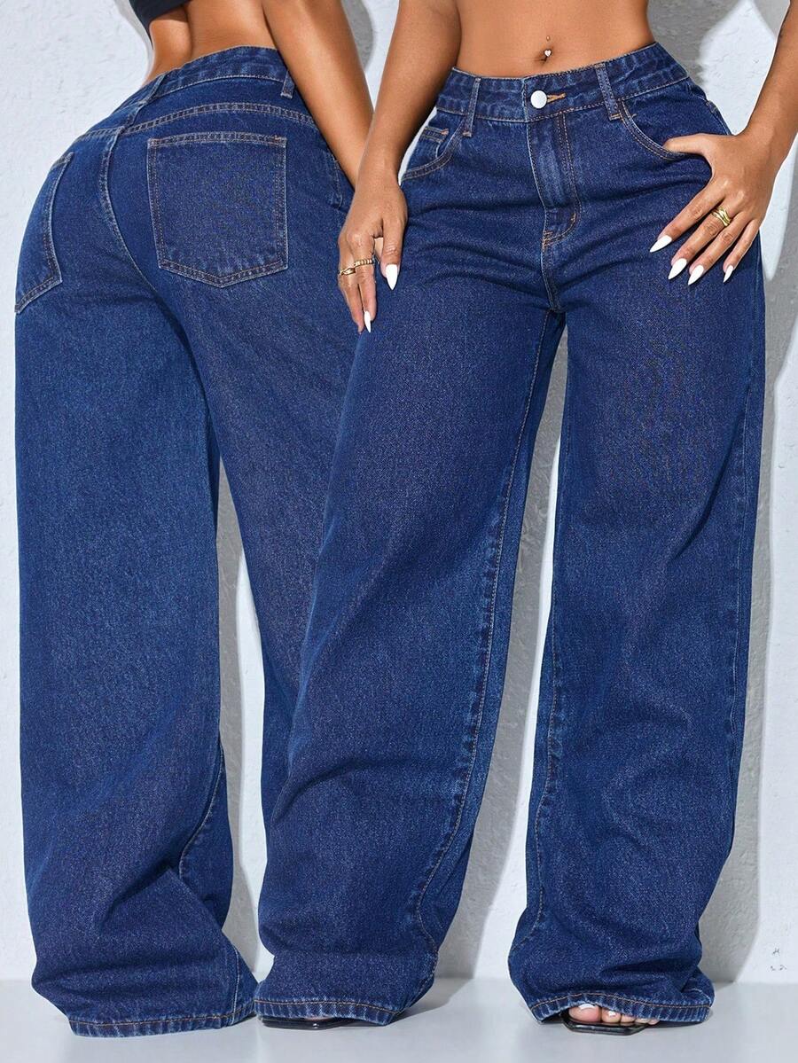Low Waist Wide Leg Casual Blue Slant Pocket Curved Women Jeans Spring Fall - Royal Blue - View 1
