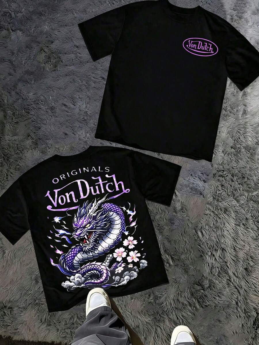 Von O Dutch's Classic And Unique Design Of Purple Dragon Tops - Oversized Old Printed Washed T-Shirts. Men's 100% Cotton, Loose Fitting, Y2K Street Retro Casual Urban Aesthetics, 100% Cotton Pullover. Gifts Men Clothes Men Shirts Graphic Teens Men Vintage T Shirts Graphic Tees Tanktop - 黑色 - 查看 1