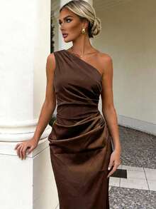 New Elegant Strapless Dress For Women, Sexy Mesh Patchwork Shoulder Exposure Slim Fit Dress Summer - Coffee - View 1