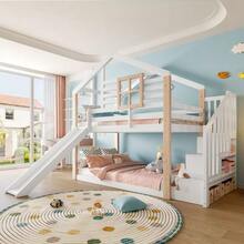 Children's Bunk Bed With Slide And Stairs In Scandinavian Style, Solid Wood Construction, Stable & , With Railing & Storage Space, Space-Saving, Ideal For Siblings, EN 747-1:2024 Certified - 白色 - 查看 1