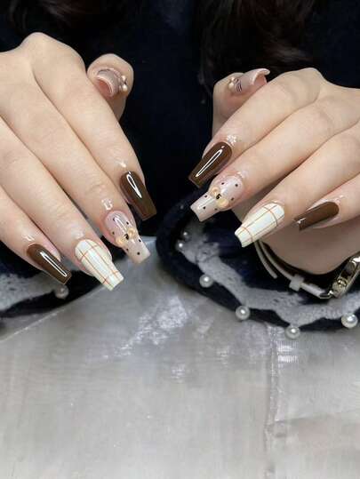 Upgrade Your Style Ballet Cat Eye Caramel Plaid Puff Polka Dot Hand-Painted Line Cat Cute Girl European And American Style Detachable Nail Art, Suitable For Daily Work And Dating, Includes 1 Nail File And 1 Jelly Gel