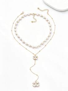 2件套仿珍珠花朵Y型项链套装，优雅女士日常佩戴饰品 - 時尚兩件珍珠cc吊墜項鍊套裝 - 查看 3