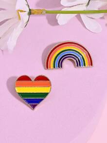 2pcs Fashionable Colorful Heart & Rainbow Bridge Brooch, Unique Luxury Contrast Color Arch Rabbit Pin For Women Lapel, Anti-Slip Suit Clip - Multicolor - View 3