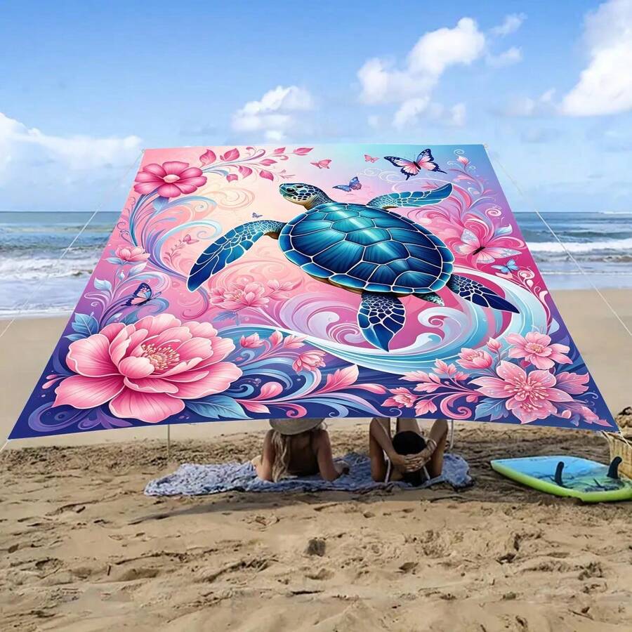 1件海洋海龟印花户外遮阳布，露营遮阳篷，花园露台遮阳篷，沙滩遮阳帘，户外探险遮阳伞，户外露营公园草坪沙滩野餐垫（不含伞杆） - 粉藍撞色花卉海龜 - 查看 1