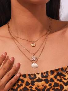 3 piezas Collar de múltiples capas con conchas y estrellas de mar de moda para el verano, collar gargantilla de uso diario para mujeres - conchas de estrellas de mar - Ver 2