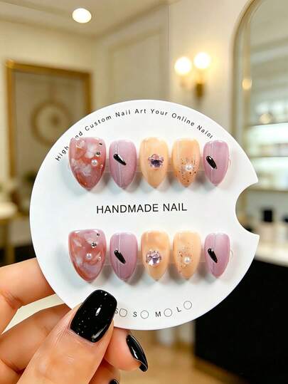 10pcs Handmade Almond-Shaped Matte Purple Sweet Potato Color Nails With Amber Marble Texture, Accented By Long Dark Mirror Decor And Rainbow Laser Cut Cubic Zirconia. These Beautiful False Nails Suit Women And Girls, Perfect For Parties, Weddings And Daily Wear, Comes With Tool Kit.