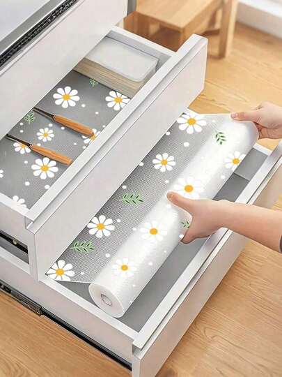 1 Roll Daisy Pattern Kitchen Cabinet Shelf Liner, Non-Adhesive Drawer Mat, Anti-Slip Refrigerator Pad, EVA Waterproof Fridge Liner, Cabinet Mat, Easy Placemat ,Cuttable Drawer Liner ,Easy Clean Drawer Liner ,Household Drawer Liner ,Suitable For Drawers ,