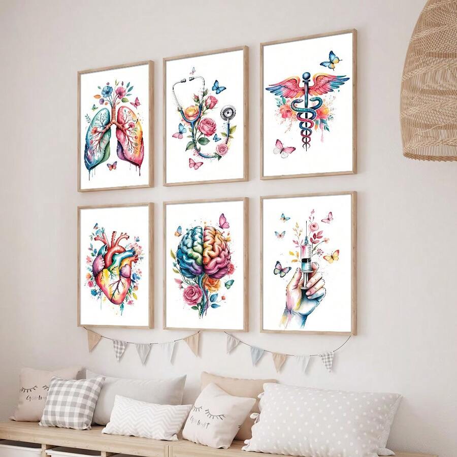 1/6pcs Set Framed/Unframed Medical Human Organ Anatomy Canvas Poster Floral Heart Lung Brain Biology Wall Art Print Minimalist Physical Therapist Decor Painting For Clinic,Hospital Decoration,Gift For Student Doctor