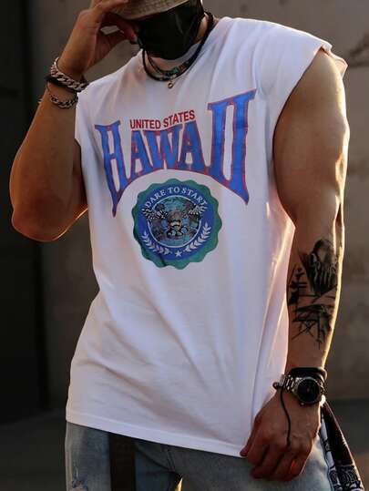  Fractyr 男士前后印花“夏威夷”美国复古图案无袖背心，柔软触感复古宽松肌肉T恤，90年代沙滩街头休闲夏季背心