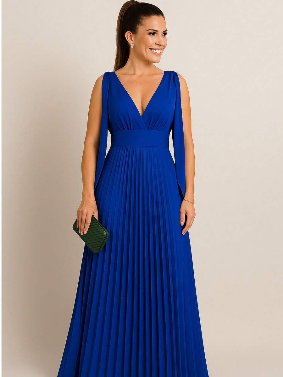 Women's Long Pleated Dress For Bridesmaids And Graduations - 皇家藍. - 查看 1
