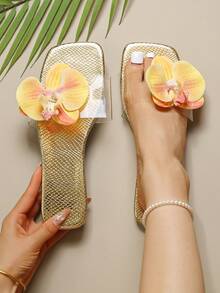 Women's Summer Flat Sandals With Orchid Decor, Comfortable Minimalist Beach/Vacation Style, Versatile Daily Wear, Non-Slip Lightweight Soft Sole, Plus Size Open Toe Slippers - Gold - View 1