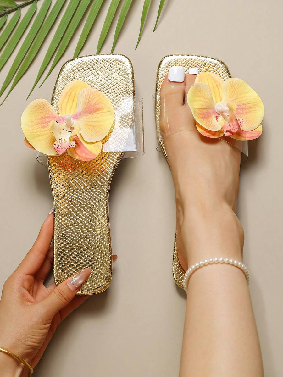 Women's Summer Flat Sandals With Orchid Decor, Comfortable Minimalist Beach/Vacation Style, Versatile Daily Wear, Non-Slip Lightweight Soft Sole, Plus Size Open Toe Slippers - Gold - View 1